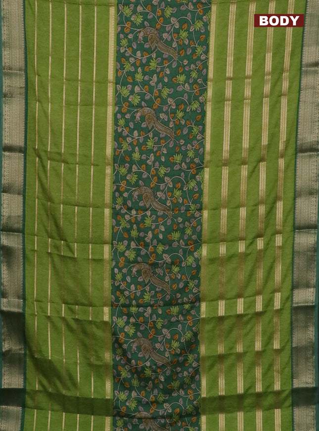 Semi crepe saree green and dark green shade with kalamkari prints & zari stripes and zari woven border