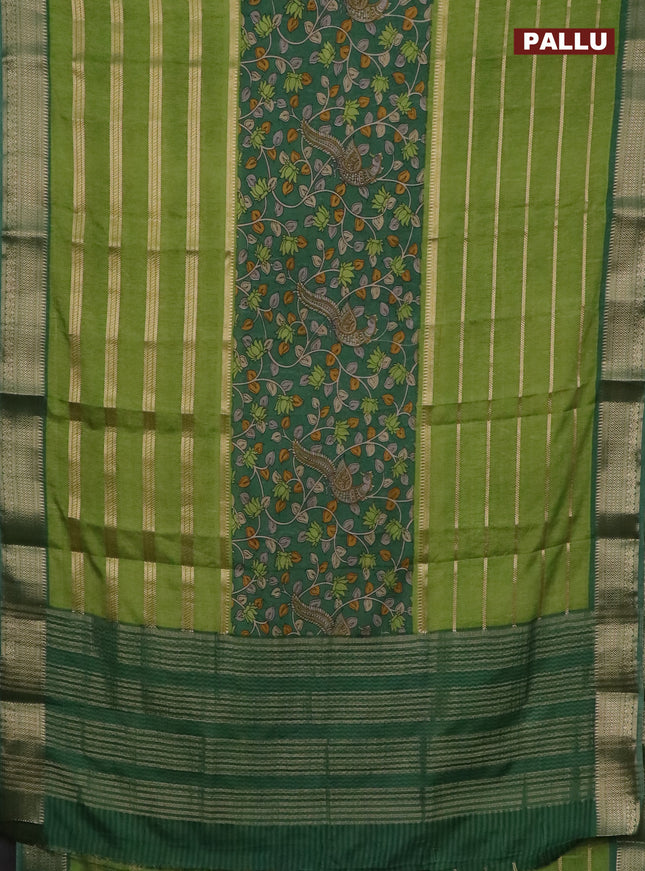 Semi crepe saree green and dark green shade with kalamkari prints & zari stripes and zari woven border