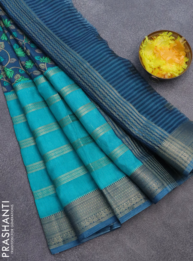 Semi crepe saree teal blue and pastel blue with kalamkari prints & zari stripes and zari woven border