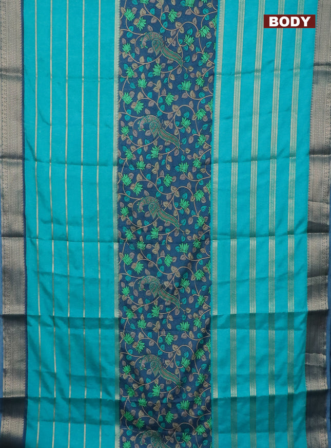 Semi crepe saree teal blue and pastel blue with kalamkari prints & zari stripes and zari woven border