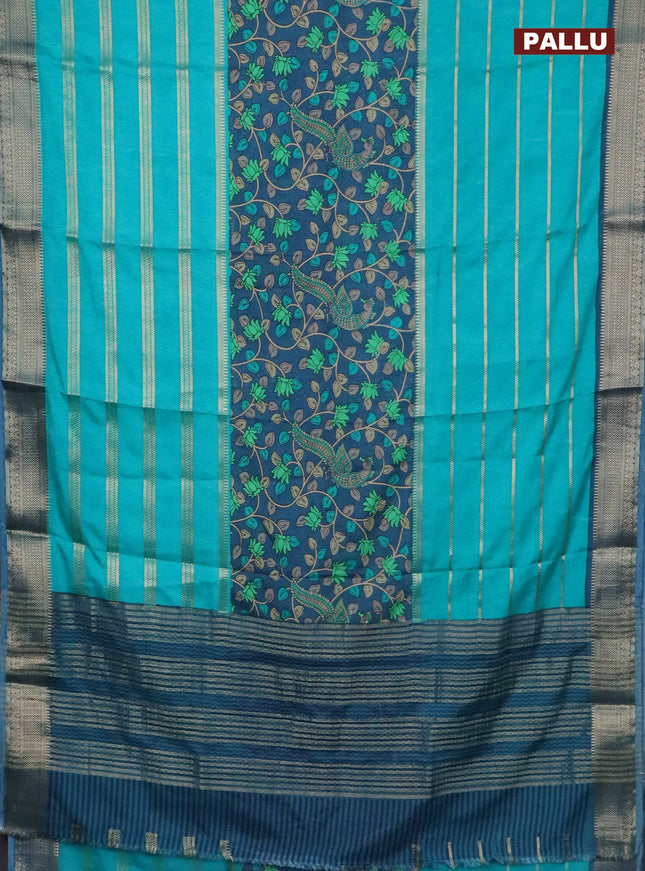 Semi crepe saree teal blue and pastel blue with kalamkari prints & zari stripes and zari woven border