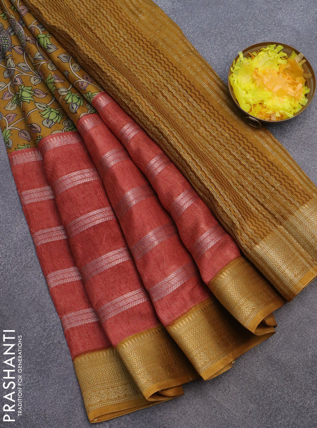 Semi crepe saree pastel maroon and dark mustard with kalamkari prints & zari stripes and zari woven border