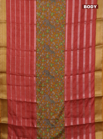 Semi crepe saree pastel maroon and dark mustard with kalamkari prints & zari stripes and zari woven border