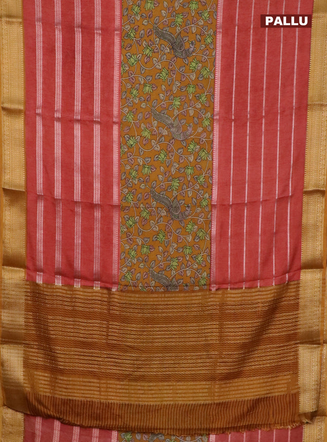 Semi crepe saree pastel maroon and dark mustard with kalamkari prints & zari stripes and zari woven border