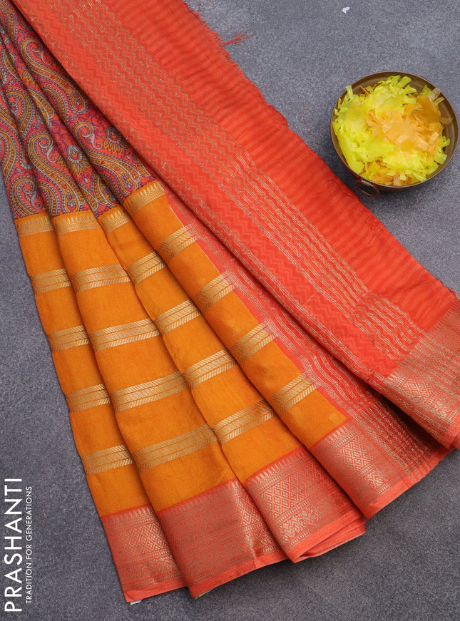Semi crepe saree mango yellow and orange with kalamkari prints & zari stripes and zari woven border