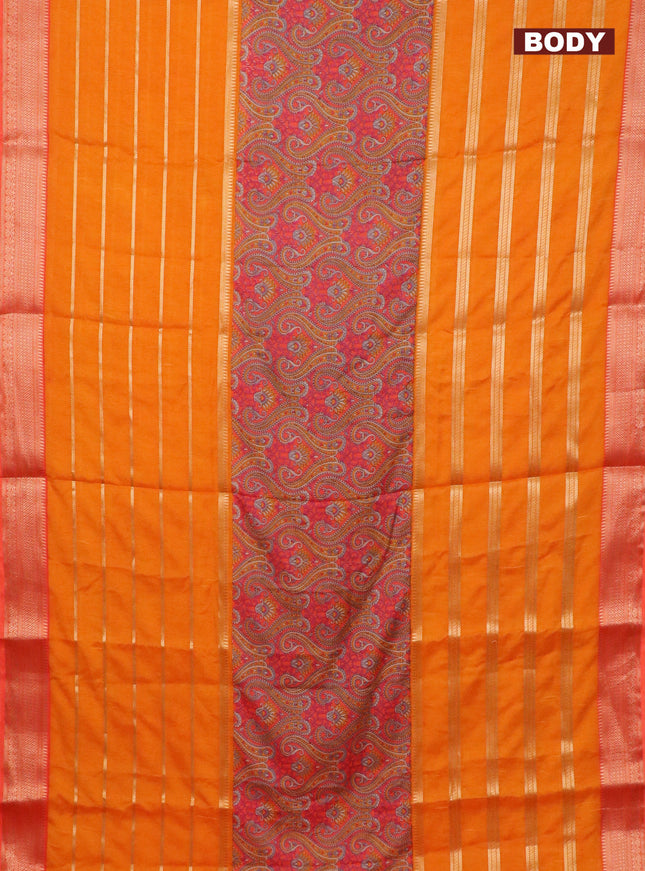 Semi crepe saree mango yellow and orange with kalamkari prints & zari stripes and zari woven border