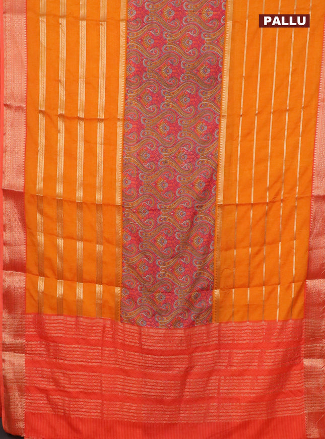 Semi crepe saree mango yellow and orange with kalamkari prints & zari stripes and zari woven border