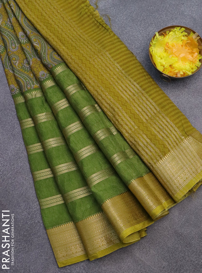 Semi crepe saree mehendi green and light green with kalamkari prints & zari stripes and zari woven border