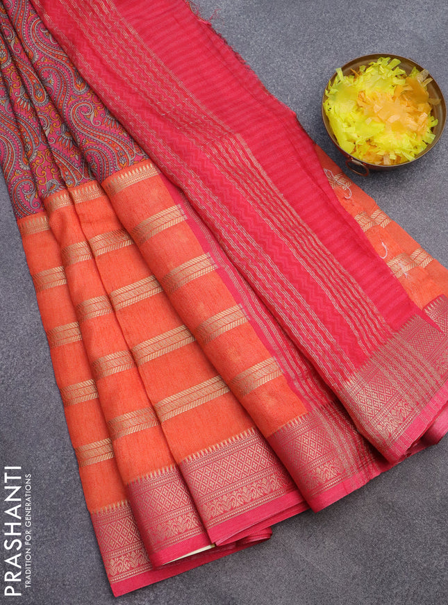 Semi crepe saree orange and peach pink with kalamkari prints & zari stripes and zari woven border
