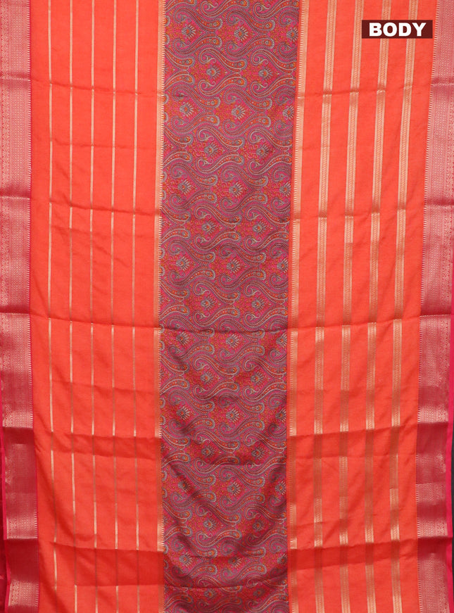 Semi crepe saree orange and peach pink with kalamkari prints & zari stripes and zari woven border