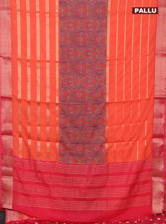 Semi crepe saree orange and peach pink with kalamkari prints & zari stripes and zari woven border