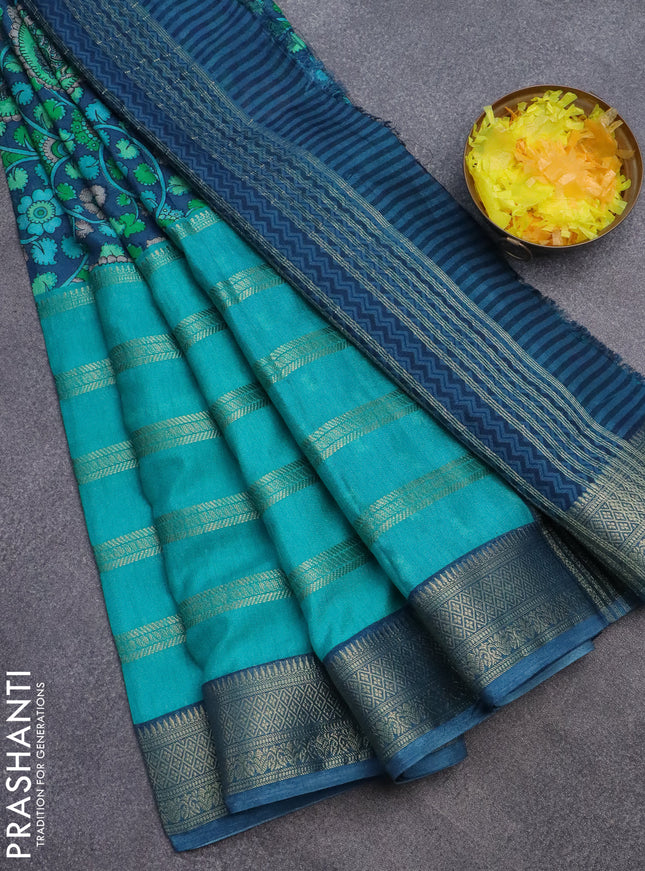 Semi crepe saree teal blue and peacock blue with kalamkari prints & zari stripes and zari woven border