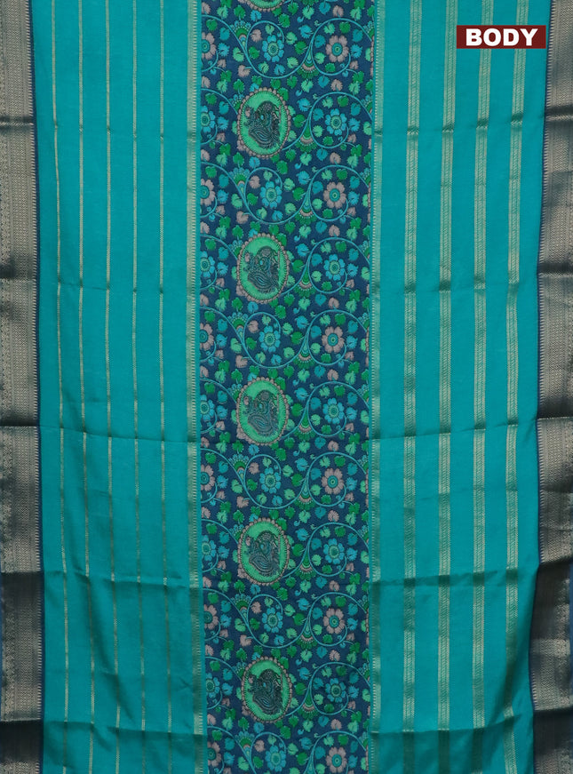 Semi crepe saree teal blue and peacock blue with kalamkari prints & zari stripes and zari woven border