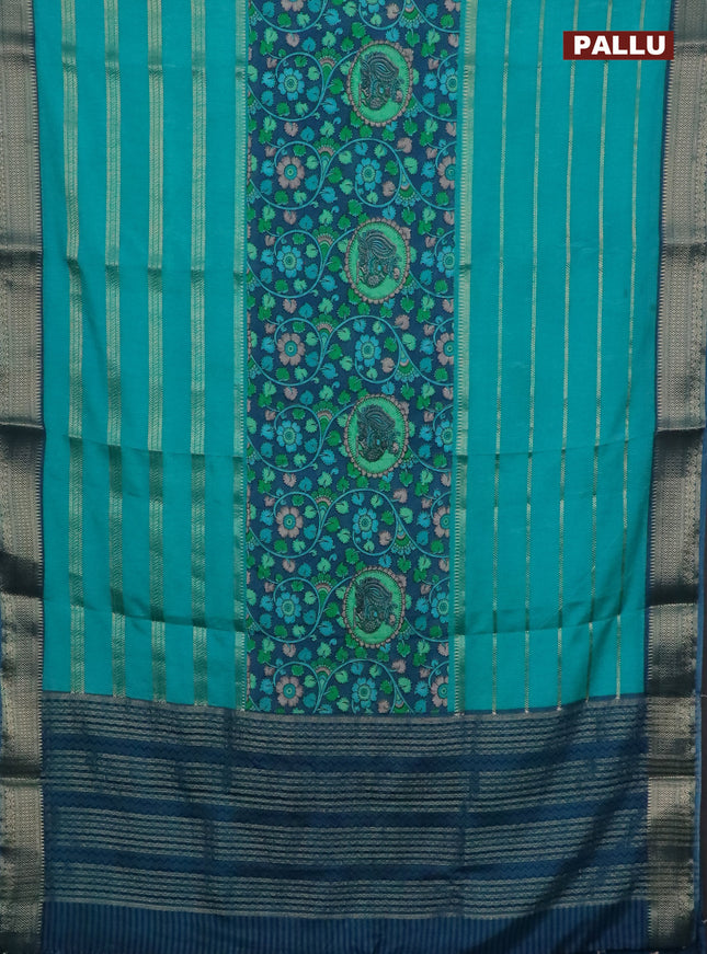 Semi crepe saree teal blue and peacock blue with kalamkari prints & zari stripes and zari woven border