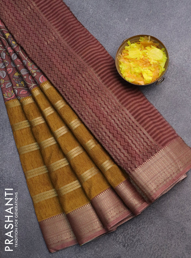 Semi crepe saree dark mustard and pastel brown with kalamkari prints & zari stripes and zari woven border