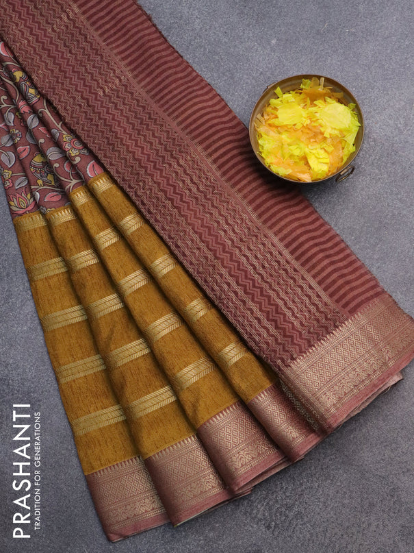 Semi crepe saree dark mustard and pastel brown with kalamkari prints & zari stripes and zari woven border