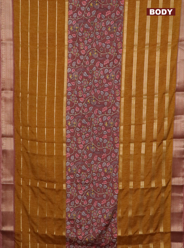 Semi crepe saree dark mustard and pastel brown with kalamkari prints & zari stripes and zari woven border