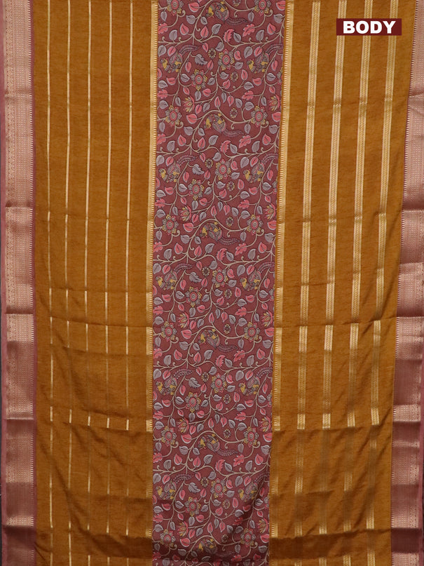 Semi crepe saree dark mustard and pastel brown with kalamkari prints & zari stripes and zari woven border