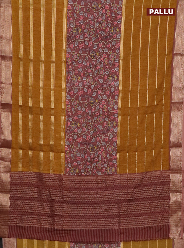 Semi crepe saree dark mustard and pastel brown with kalamkari prints & zari stripes and zari woven border