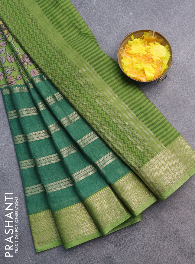 Semi crepe saree dark green and light green with kalamkari prints & zari stripes and zari woven border