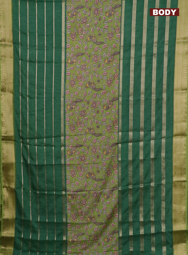 Semi crepe saree dark green and light green with kalamkari prints & zari stripes and zari woven border