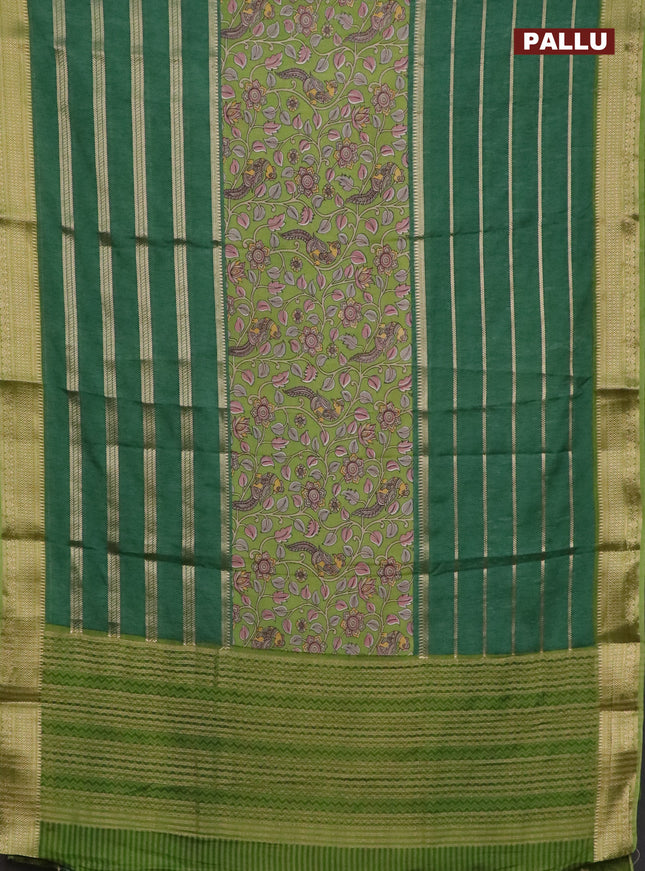 Semi crepe saree dark green and light green with kalamkari prints & zari stripes and zari woven border