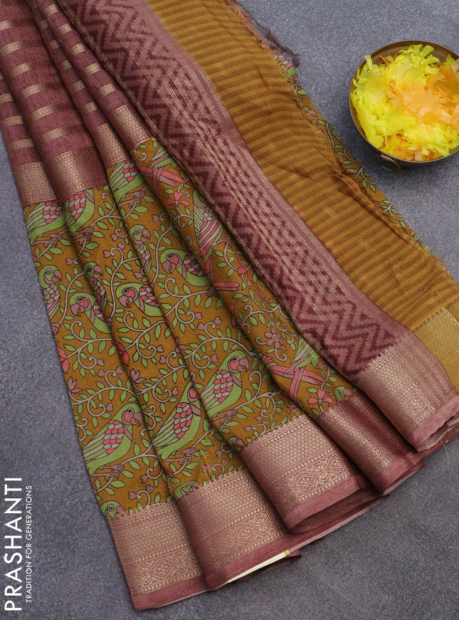 Semi crepe saree dark mustard and pastel brown with zari stripes & kalamkari prints and zari woven border