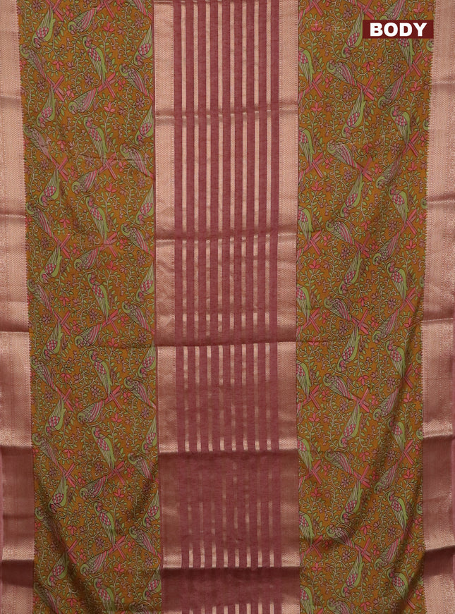 Semi crepe saree dark mustard and pastel brown with zari stripes & kalamkari prints and zari woven border