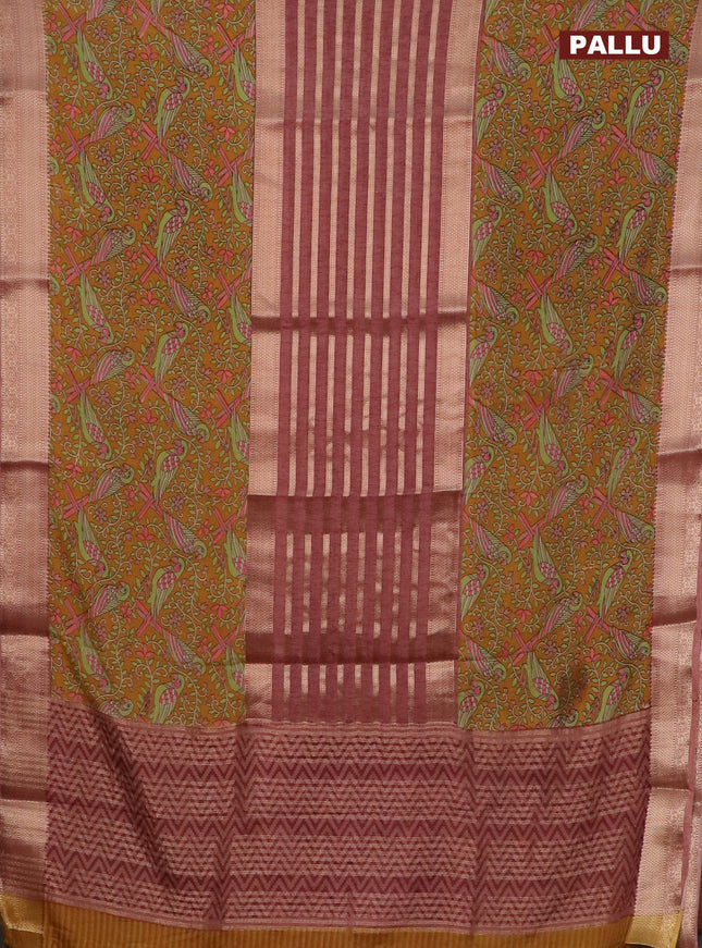 Semi crepe saree dark mustard and pastel brown with zari stripes & kalamkari prints and zari woven border