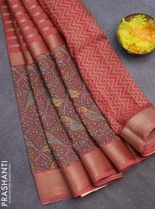Semi crepe saree pastel brown and peach shade with zari stripes & kalamkari prints and zari woven border