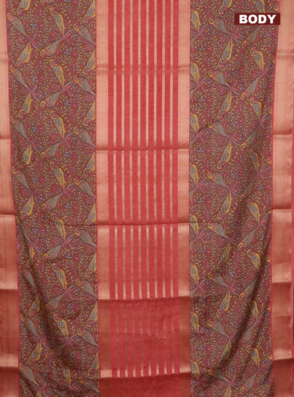 Semi crepe saree pastel brown and peach shade with zari stripes & kalamkari prints and zari woven border