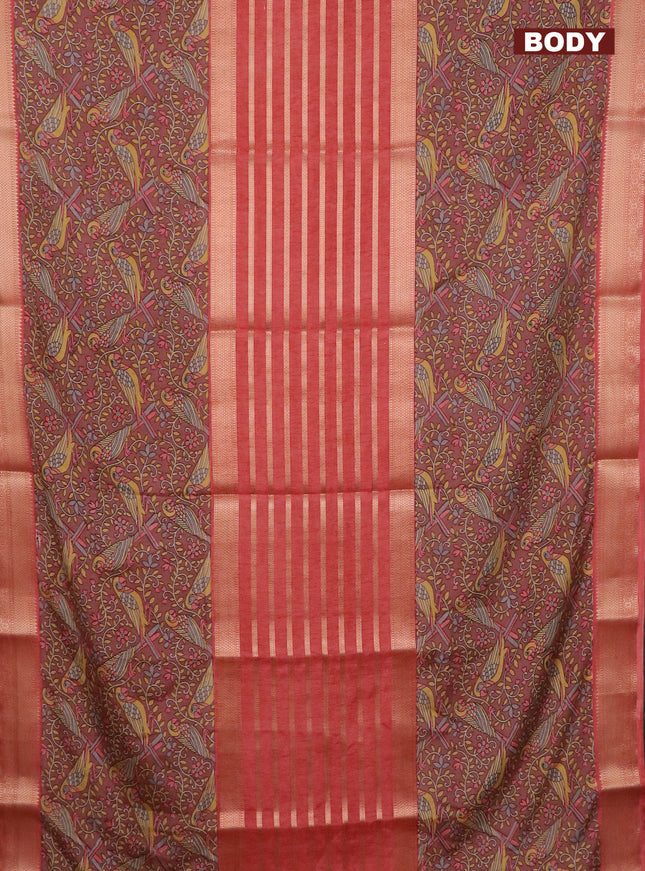 Semi crepe saree pastel brown and peach shade with zari stripes & kalamkari prints and zari woven border