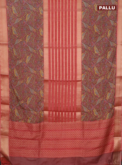 Semi crepe saree pastel brown and peach shade with zari stripes & kalamkari prints and zari woven border