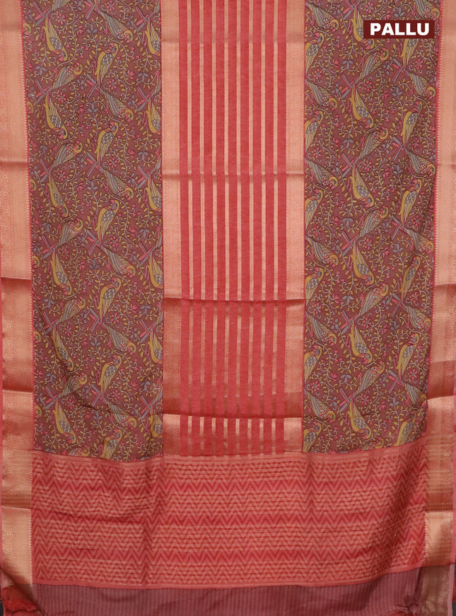 Semi crepe saree pastel brown and peach shade with zari stripes & kalamkari prints and zari woven border