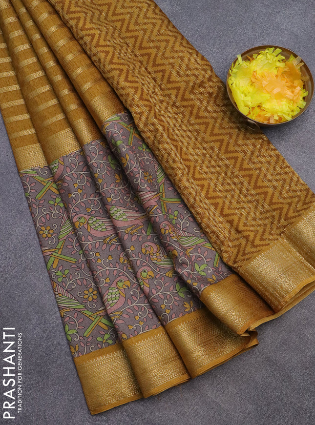 Semi crepe saree grey shade and dark mustard with zari stripes & kalamkari prints and zari woven border