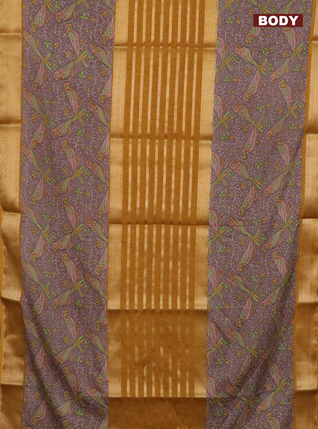 Semi crepe saree grey shade and dark mustard with zari stripes & kalamkari prints and zari woven border