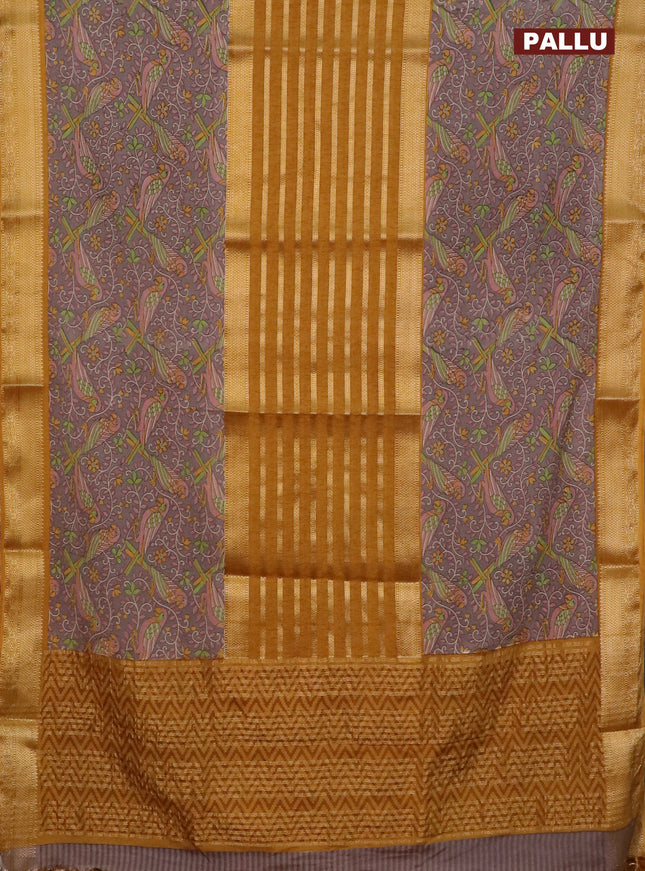 Semi crepe saree grey shade and dark mustard with zari stripes & kalamkari prints and zari woven border
