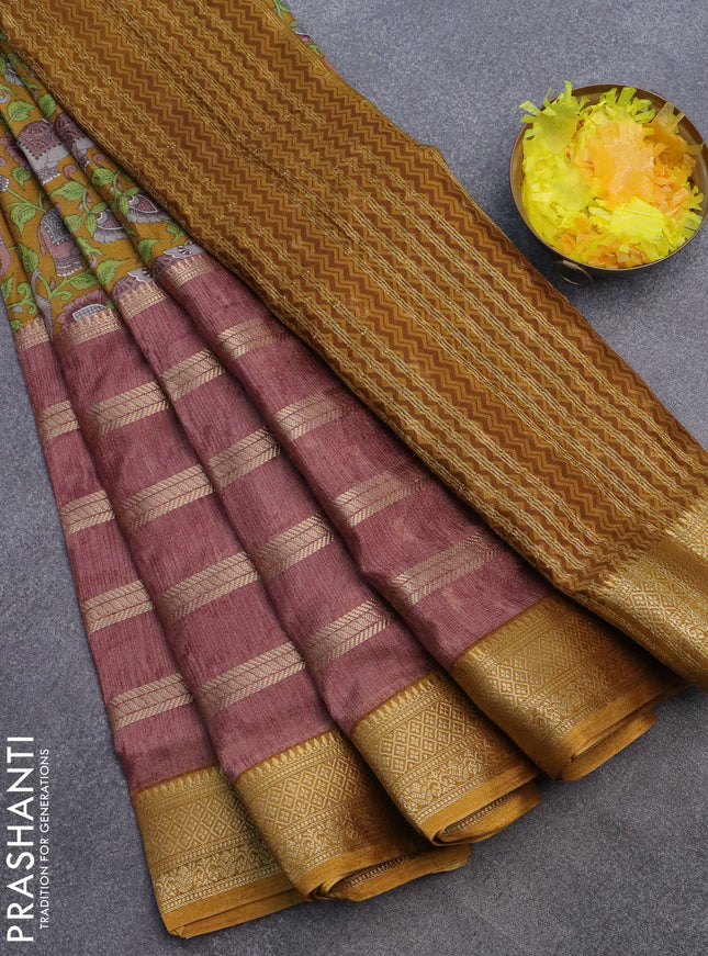 Semi crepe saree dark mustard and brown shade with zari stripes & kalamkari prints and zari woven border