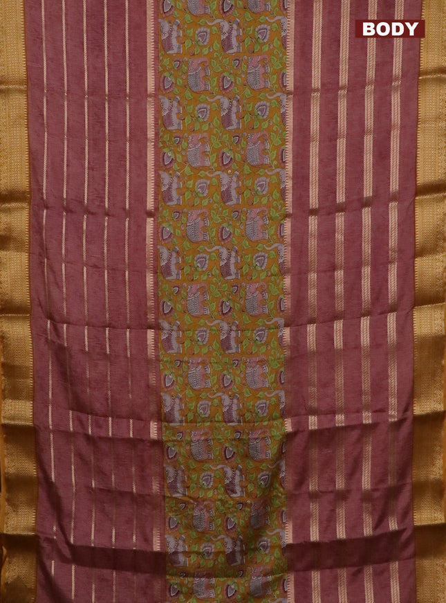 Semi crepe saree dark mustard and brown shade with zari stripes & kalamkari prints and zari woven border