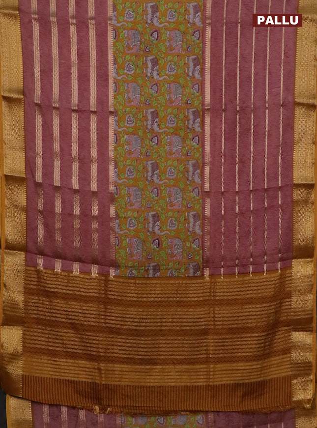 Semi crepe saree dark mustard and brown shade with zari stripes & kalamkari prints and zari woven border