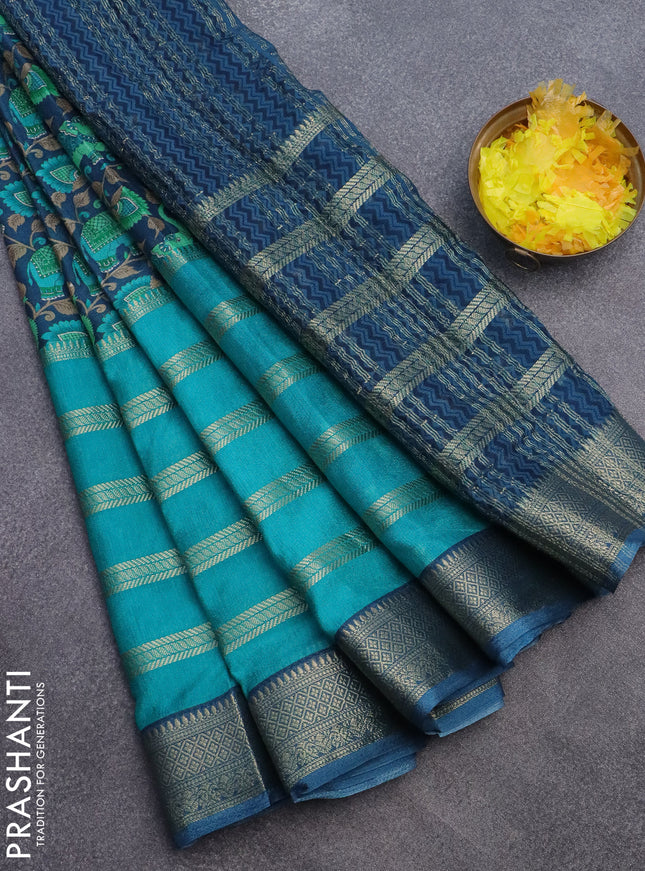 Semi crepe saree blue and teal blue with zari stripes & kalamkari prints and zari woven border