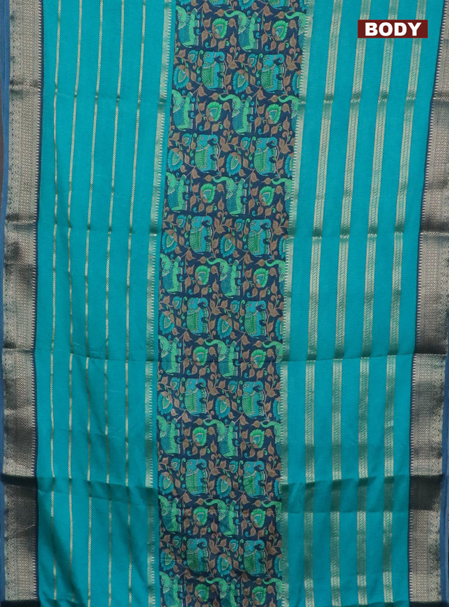 Semi crepe saree blue and teal blue with zari stripes & kalamkari prints and zari woven border