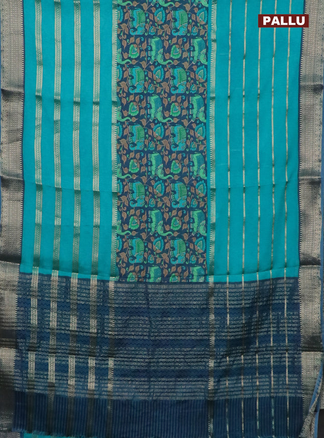 Semi crepe saree blue and teal blue with zari stripes & kalamkari prints and zari woven border