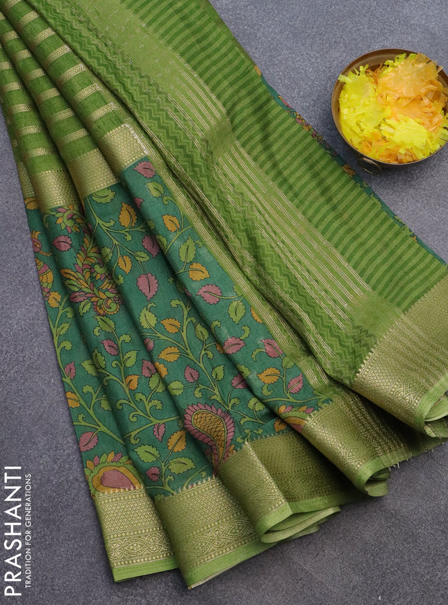 Semi crepe saree light green and sap green with zari stripes & kalamkari prints and zari woven border