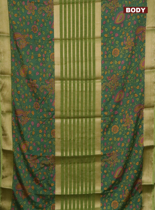 Semi crepe saree light green and sap green with zari stripes & kalamkari prints and zari woven border