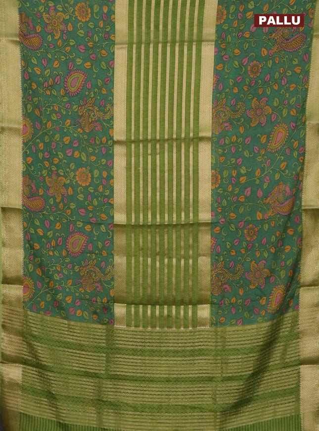 Semi crepe saree light green and sap green with zari stripes & kalamkari prints and zari woven border