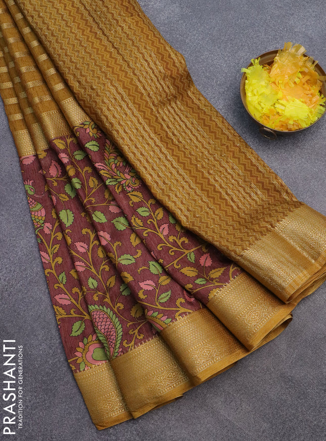 Semi crepe saree mustard yellow and brown shade with zari stripes & kalamkari prints and zari woven border