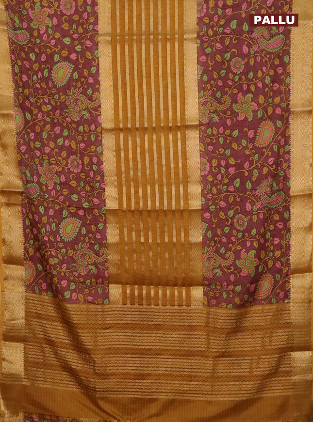 Semi crepe saree mustard yellow and brown shade with zari stripes & kalamkari prints and zari woven border