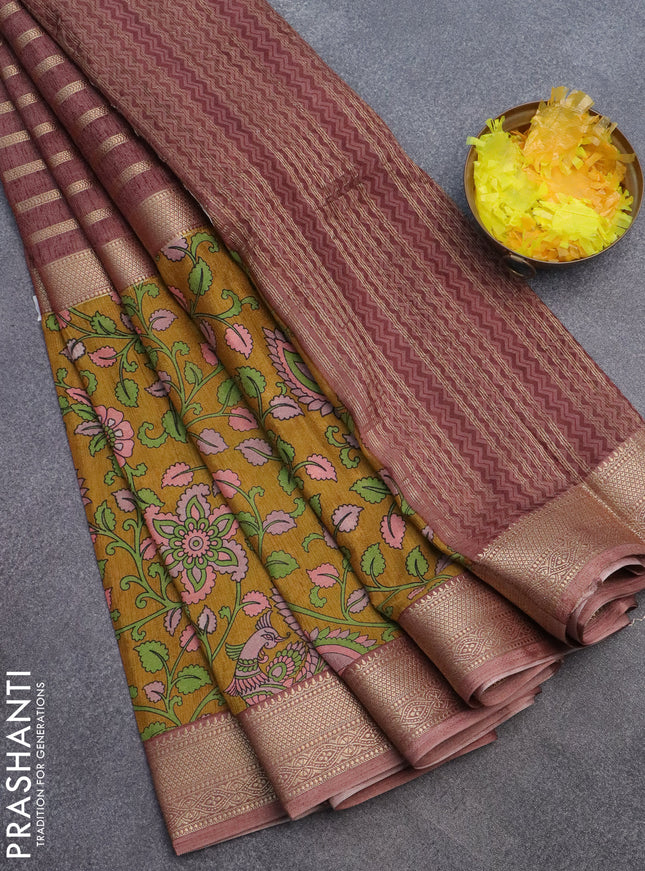 Semi crepe saree pastel brown and mustard yellow with zari stripes & kalamkari prints and zari woven border