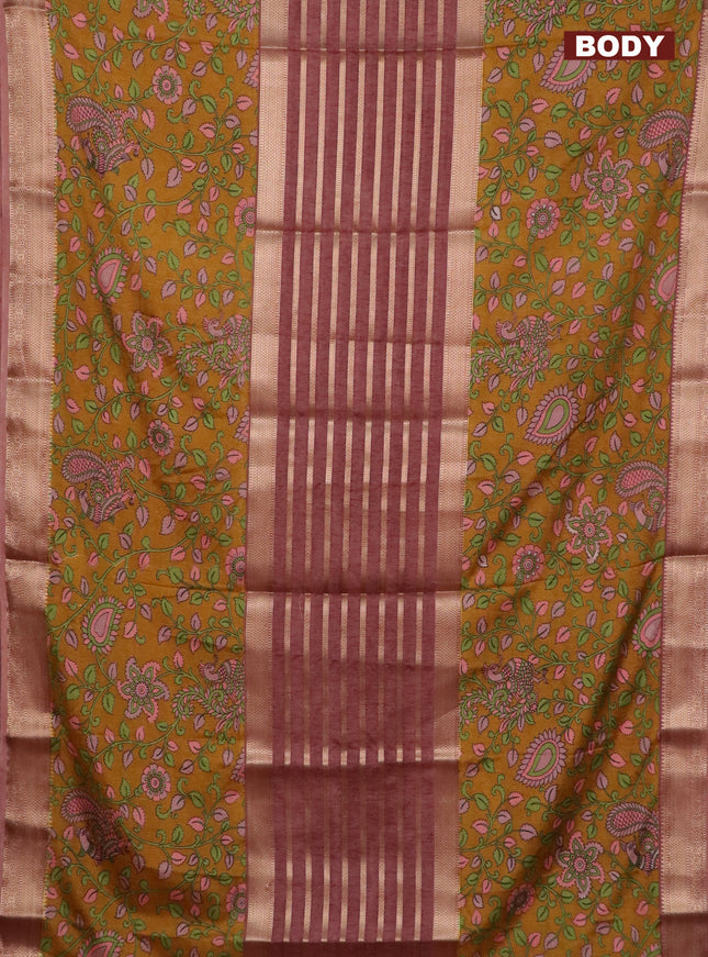 Semi crepe saree pastel brown and mustard yellow with zari stripes & kalamkari prints and zari woven border